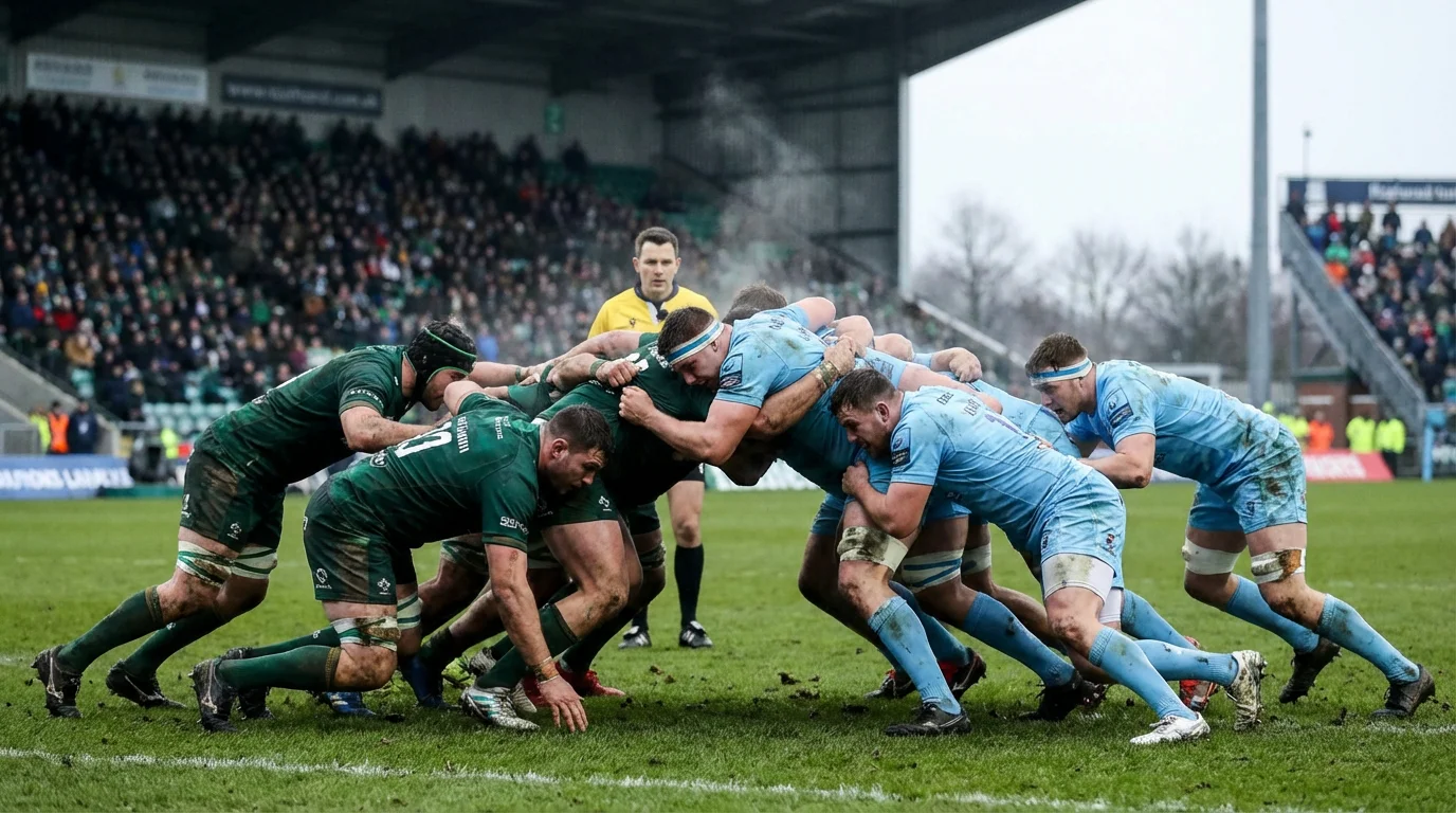 Rugby maul in action with forwards driving over the ball on a grass pitch under overcast skies
