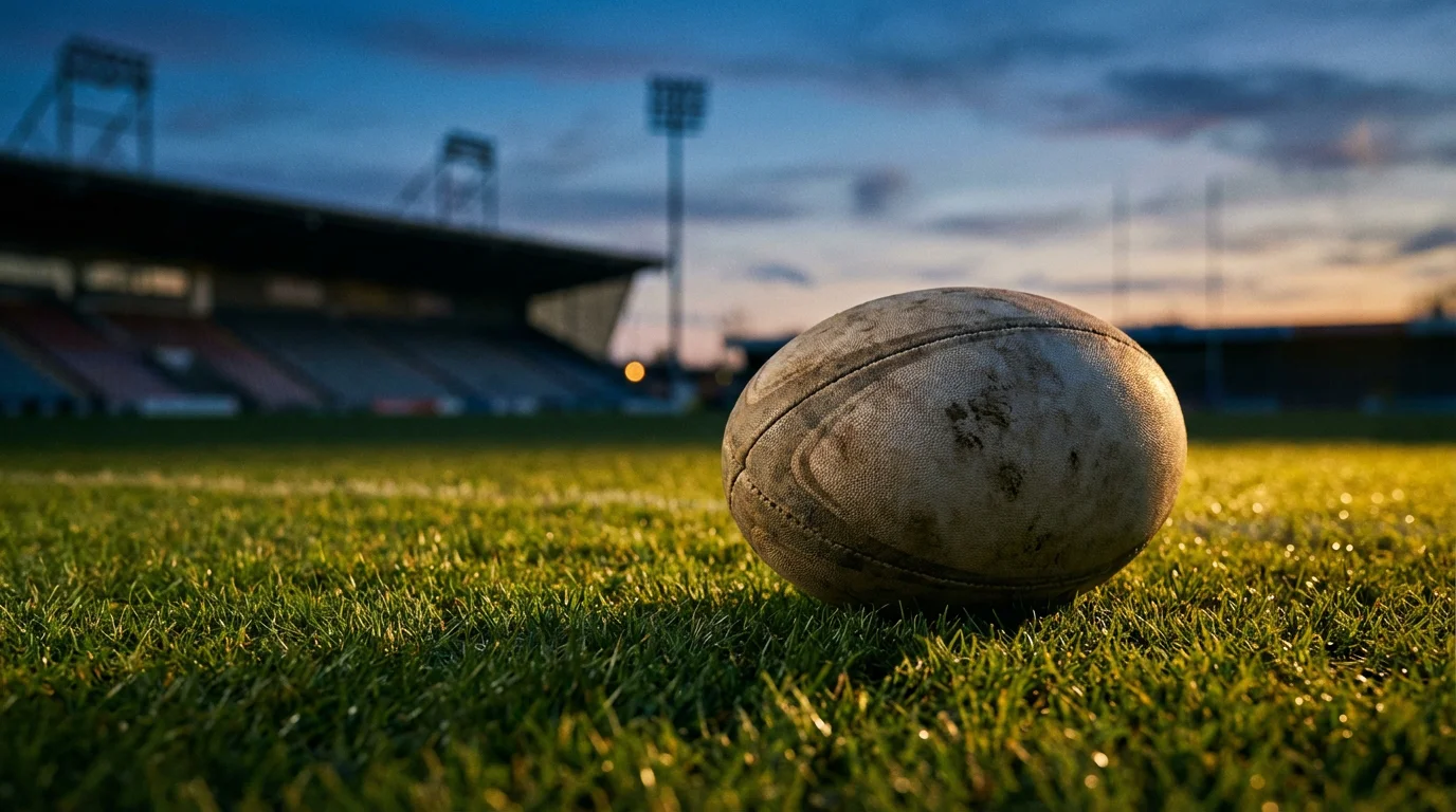 Close-up of a rugby ball on a grass pitch with stadium seats and floodlights in the background