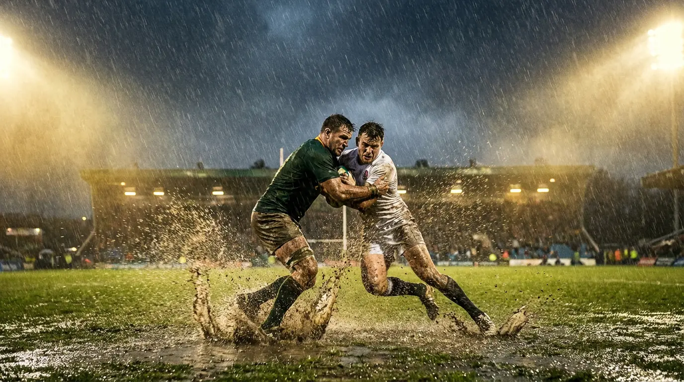 Rugby players tackling in heavy rain on a muddy grass pitch with water splashing around them